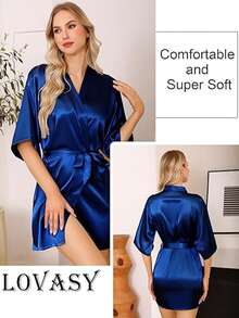 1pc Women's Solid Color Elegant Tie-Up Autumn/Winter Bathrobe, Sexy Short Satin Silk Soft Sleepwear, Suitable For Bride, Bridesmaid, Home Use,Weeding Season Short Dress Gown Initial Letter Robe, Morning Robe And Sleeping Robe - Navy Blue - View 7