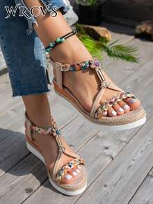 WRCVS Sandal nữ màu be, sandal quai đan, sandal đế xuồng mùa hè, sandal đan đính hạt thủ công, họa tiết ngẫu nhiên, sandal nhẹ nhàng phong cách bohemian cho kỳ nghỉ, sandal ngoài trời cao cấp. - Màu be - Xem 4