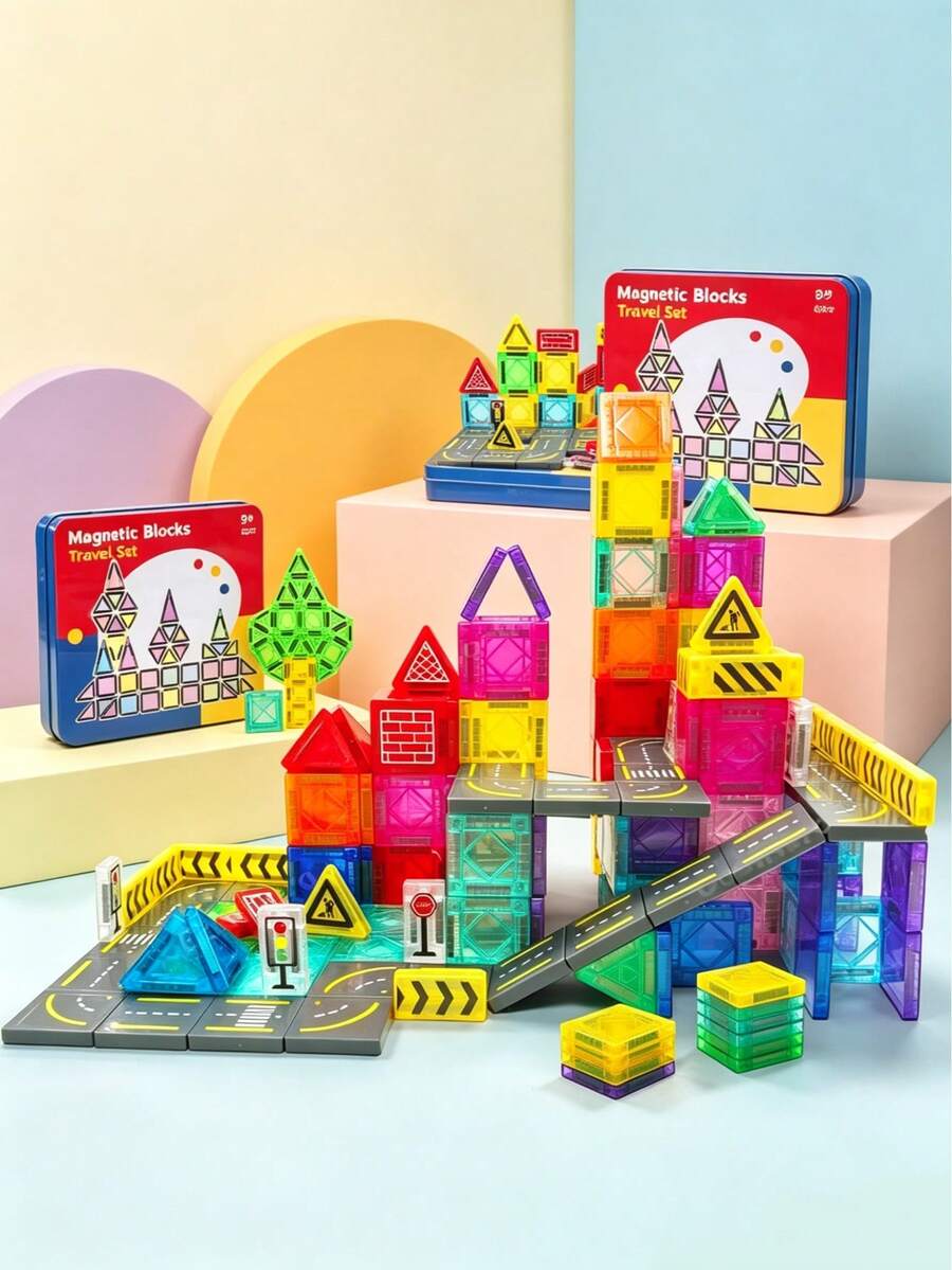 Magnetic Building Block Set With Iron Box, STEM Sensory Toy Education Building Block Imitates Road Driving Perfect Birthday Gift Random Color Christmas Halloween Gift, For Boys And Girls 3 Years Old+ - 彩色 - 查看 1