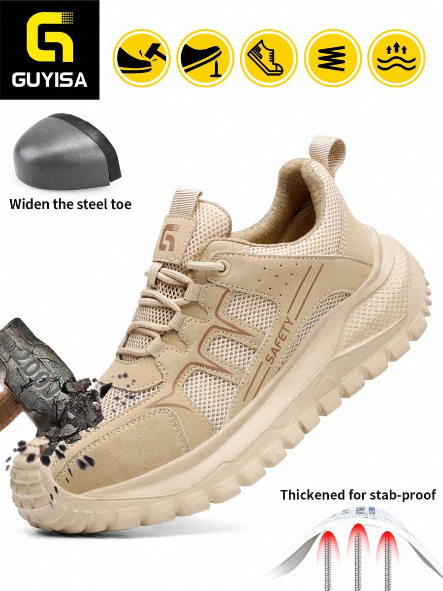 Zapatos de con punta de acero para hombres, serie clásica, anti-aplastamiento y anti-perforación, suela de EVA cómoda y de moda, ligero y transpirable, color beige, zapatos funcionales para el trabajo en todas las estaciones - Beis - Ver 1