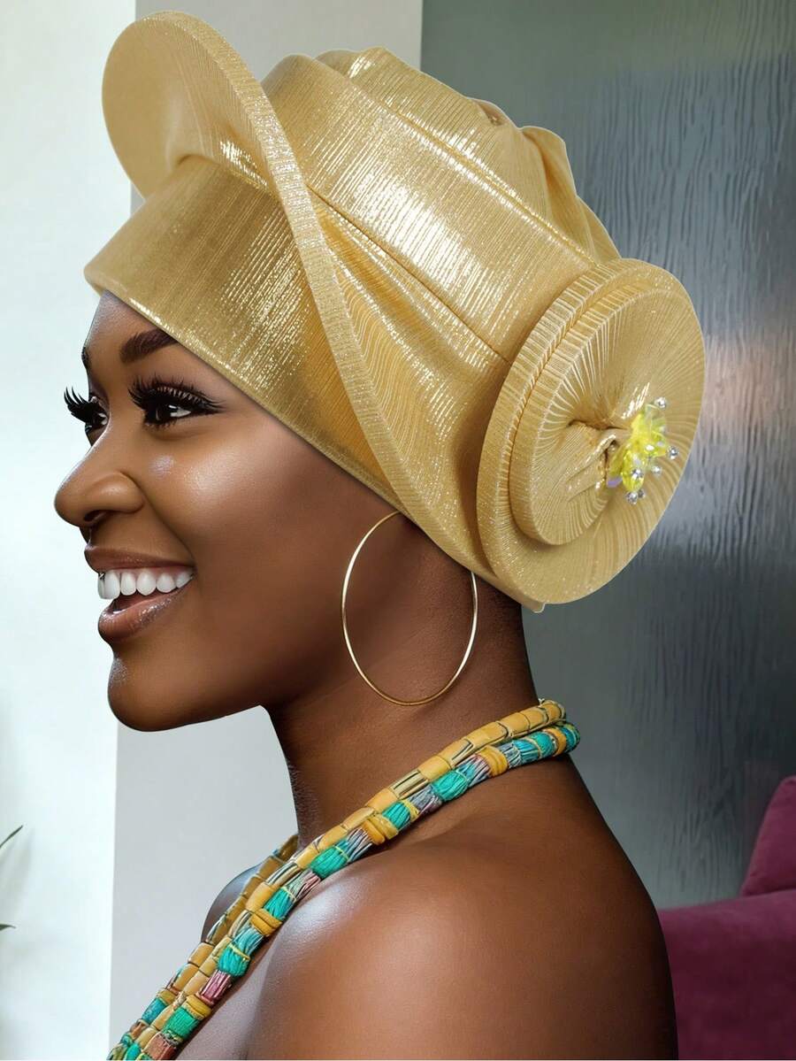 1pc Easy Wear Nigerian Gele Turban, Gold Pleated Pre-Made Headwrap For Everyday