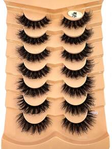 7对蓬松自然浓密猫眼假睫毛，纤细黑色睫毛梗，D型卷翘，3D仿貂毛俄罗斯假睫毛，可重复使用，日常练习假睫毛 - 黑色 - 查看 2