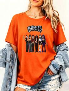 Homies Selfie Squad Print T-Shirt Short Sleeve Crew Neck Casual Top For Summer & Spring, Women's Clothing. - Orange - View 1