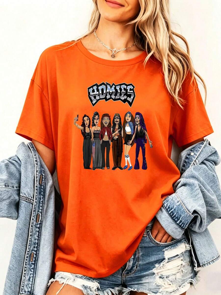 Homies Selfie Squad Print T-Shirt Short Sleeve Crew Neck Casual Top For Summer & Spring, Women's Clothing. - Orange - View 1