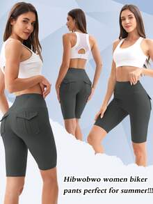 Pantalones de yoga de cintura alta para mujer/con bolsillos, pantalones de yoga que levantan el trasero para ejercicio, con suave elasticidad y transpirabilidad. Pantalones cortos deportivos con ajuste ceñido, adecuados para correr, ciclismo, fitness, deportes al aire libre, entrenamiento. Pantalones cortos gruesos con un estilo de moda, adecuados para primavera y verano - Gris Oscuro - Ver 4
