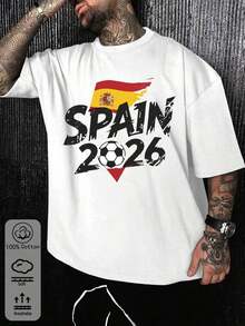Men's Printed Sports T-Shirts, 2026 Cotton Casual Sports T-Shirt With Spanish Football Team Design, Versatile And Casual Sports Top, Graduation Or Father's Day Gift For Football Fans, For Men - Trắng - Xem 1