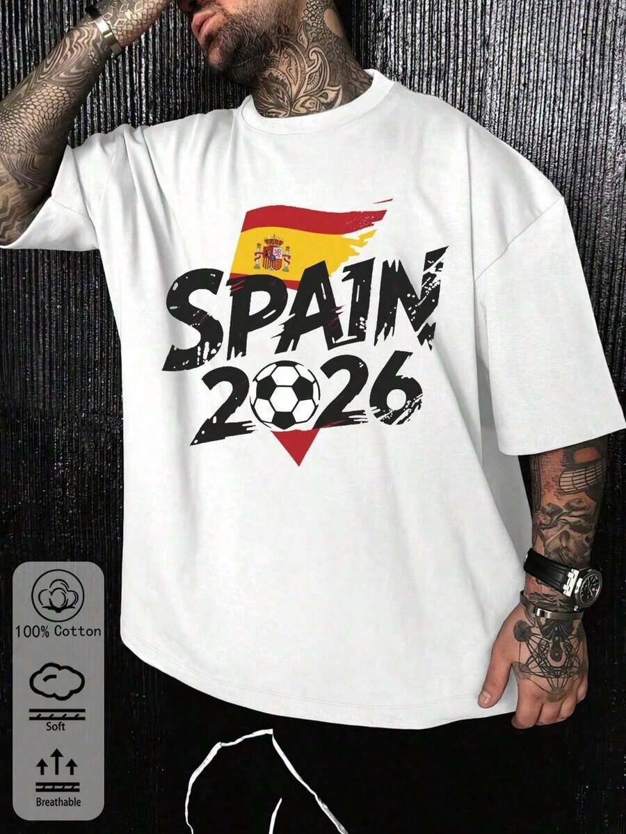 Men's Printed Sports T-Shirts, 2026 Cotton Casual Sports T-Shirt With Spanish Football Team Design, Versatile And Casual Sports Top, Graduation Or Father's Day Gift For Football Fans, For Men - Trắng - Xem 1