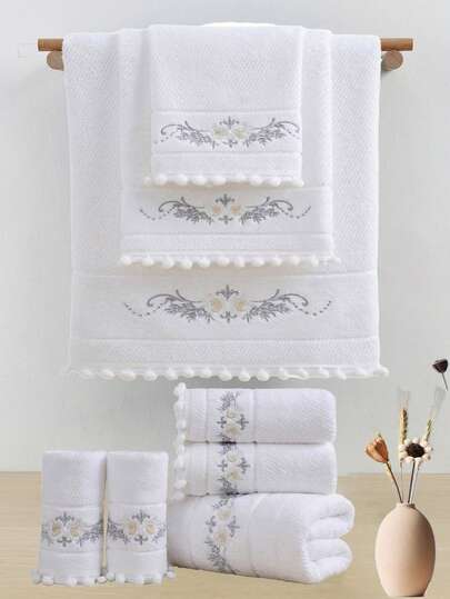 QIBHI 1/2/3pcs Cotton Terry Embroidered Towel, Elegant Home Decor Lace Trim Bath Towel/Face Towel, Absorbent Soft Couple Bathroom Towel, Romantic Fashion Bathroom Towel, Suitable For Bathroom, Hotel, Gym, Travel, Gift, Salon, Sports, Outdoor, Beach, School, Back To School, Travel Accessories, Home Essentials, Towel, Skin Care
