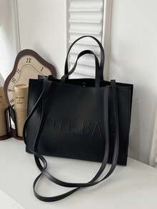 Bolso de mano grande de capacidad, con estampado de letras, de unicolor, simple y casual, bolso bandolera para mujer, billetera, bolso de trabajo de oficina elegante y casual - Negro - Ver 2