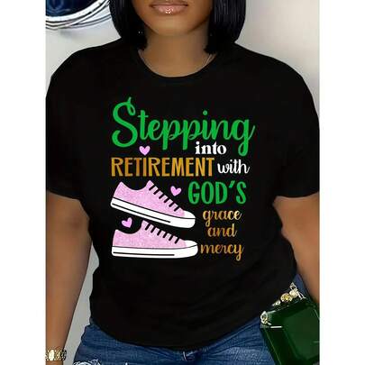 Camiseta Casual, Camiseta Gráfica Casual para Mujer - Estampado de Zapatillas Deportivas y Frases Inspiradoras con la Cita "Empezando el Retiro", Top de Manga Corta con Cuello Redondo de Poliéster Transpirable, Camiseta Lavable a Máquina para Primavera/Verano, Camisa de Estilo Casual |   Tela cómoda XOSF