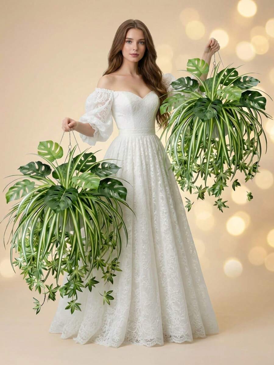 1件裝人造龜背葉與蜘蛛蘭植物套組,2026春季特惠逼真高綠色植物莖,栩栩如生仿真藤葉,適用於居家裝飾、婚禮背景、派對中心裝飾、母親節、復活節假期 - 綠色 - 查看 1