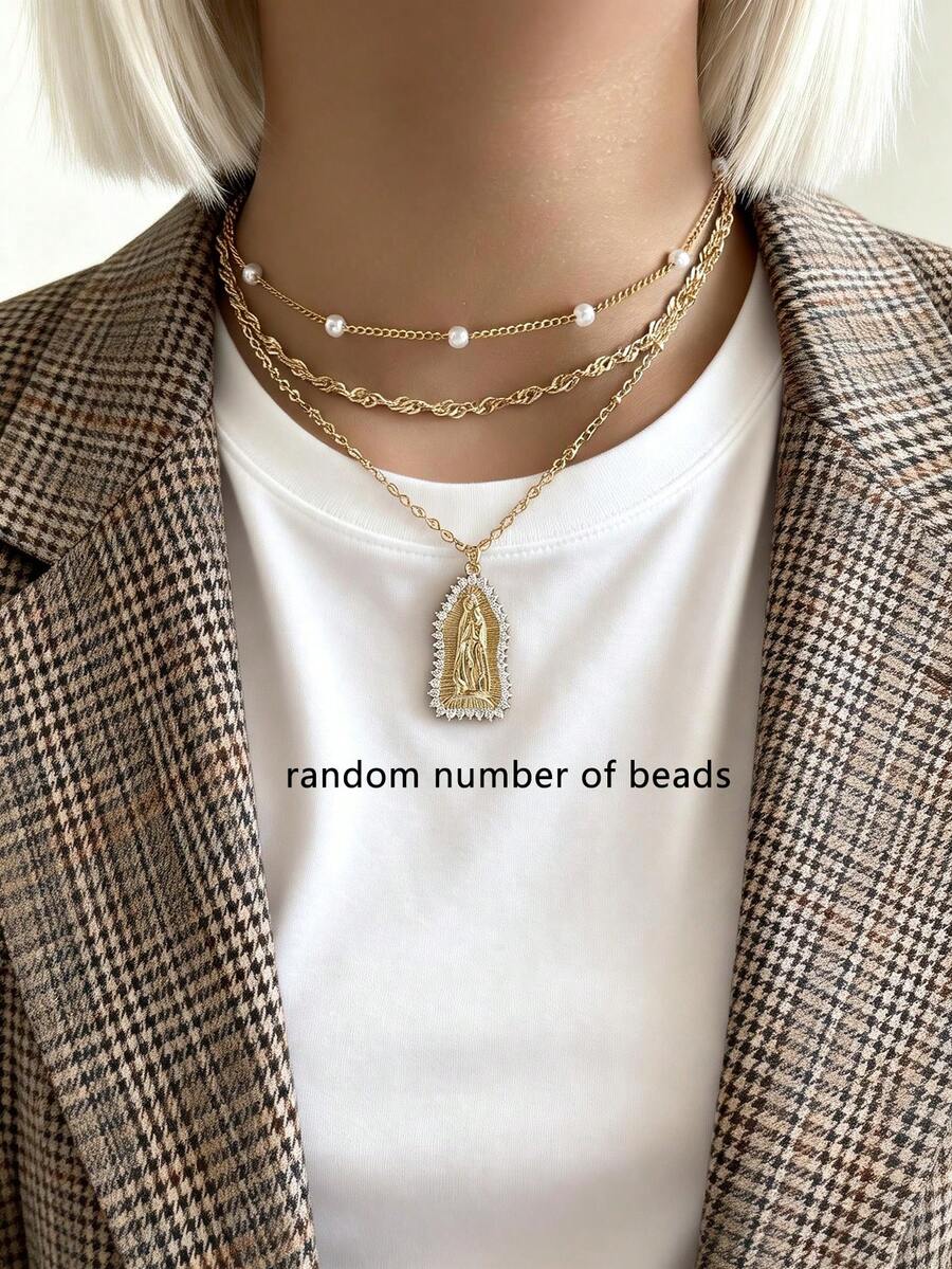 3pcs Virgin Mary Pendant Faux Pearl Necklace Set, Suitable For Women's Daily, Dating, Religious Activities, Party Gatherings, Layering Wear - Yellow Gold - View 1