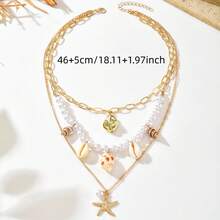 Dây chuyền nhiều lớp kiểu Bohemian dành cho nữ, đính ngọc trai giả, vỏ sò và sao biển, màu vàng kim, thích hợp cho kỳ nghỉ biển. - Vàng - Xem 3