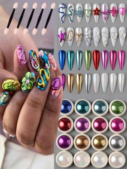 Y2K 16-Color French Manicure Mirror Powder Set + 5 Cotton Swabs, Holographic Iridescent Nail Powder 16-Color Set, Holographic Iridescent Mirror Nail Powder, Specially For Manicure