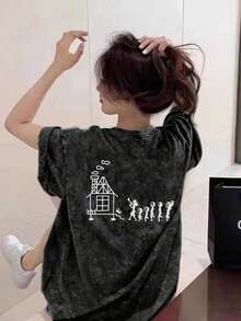Japanese Style Women Summer Loose Round Neck Minimalist Cartoon Print Short Sleeve T-Shirt Casual Black - Black - View 3