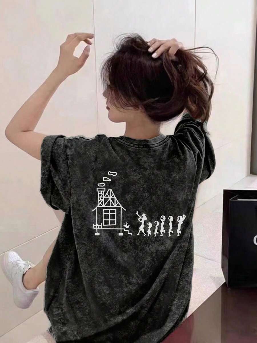 日系女款夏季寬鬆圓領簡約卡通印花短袖T恤休閒黑色 - 黑色 - 查看 1