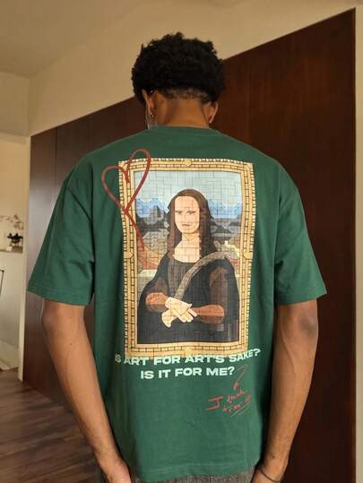  Fractyr 男士前后印花蒙娜丽莎马赛克图案T恤，柔软触感街头风宽松短袖T恤，艺术印花“艺术是为了艺术而艺术吗？”休闲夏季上衣