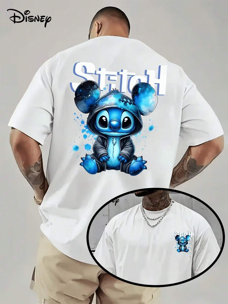 [Disney Licensed]Disney Lilo & Stitch Watercolor Hoodie Stitch Graphic Men's Oversized T-Shirt, Casual Crew Neck Short Sleeve Streetwear Tee,  Blue Splatter Art Print Top, Disney Officially Authorized Men's Short-Sleeved T-Shirts, Mens Clothes, Men, Ropa De Hombre, Summer Clothes, Men Shirts, Graphic Tees, Disney Outfits Men, Graphic Tees, Camisetas Para Hombre, Camisas Para Hombre, Summer Outfits For Men, Father's Day Gift, Perfect Gift For Family And Friends, Which Are Necessary For Birthday Parties, Disney Shirts, Mens Clothes, Summer Clothes, Officially Licensed Disney T-Shirts, Disney Men's And Women's Spring/Summer Fashion Casual Short-Sleeve T-Shirts - White - View 1