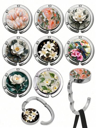 1个优雅花卉折叠挂钩 - 便携式锌合金钱包挂钩，精致花卉设计，桌面扣环，桌面钱包支架 | 优雅配饰 | 锌合金挂钩，钱包配件