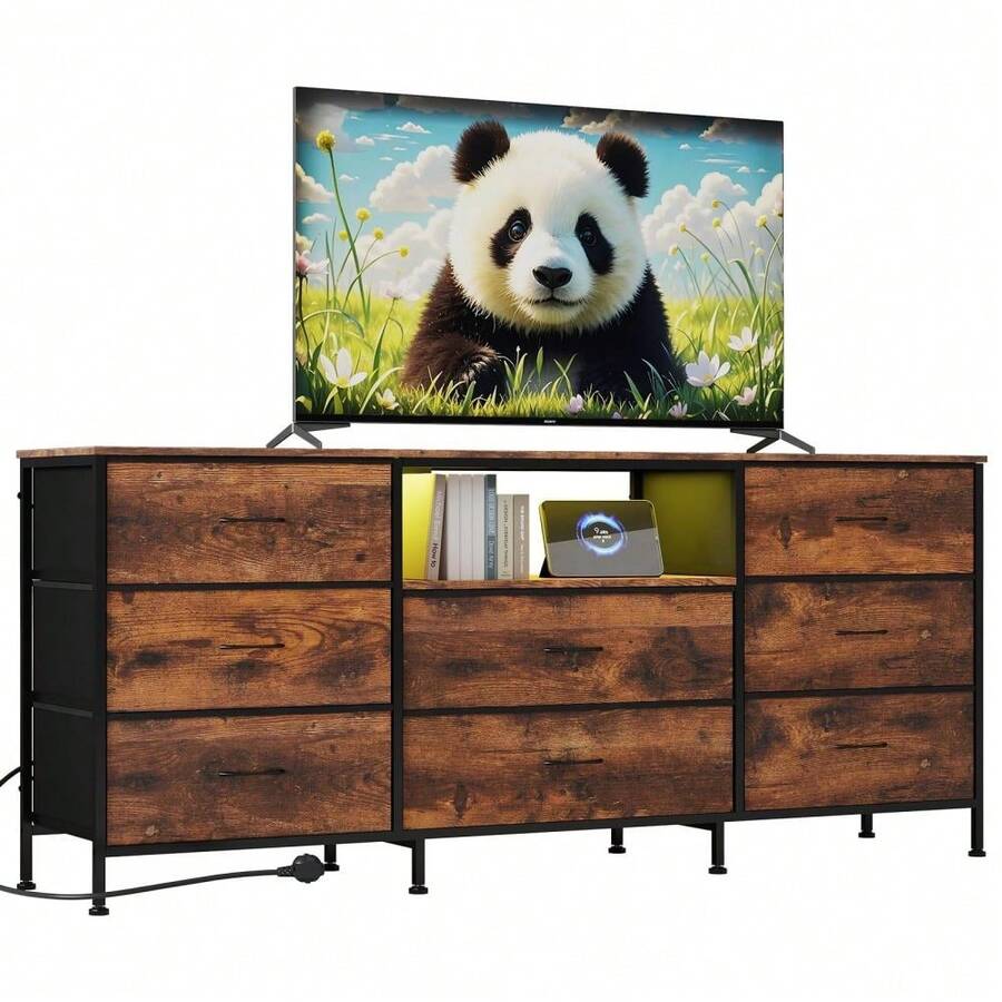 Cómoda moderna con soporte para TV LED y 8 cajones de tela - Armario de almacenamiento con estructura de acero - Compatible con televisores de 65 a 75 pulgadas - Organizador para dormitorio y sala de estar - Marrón - Ver 1