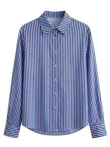 Textured Long-Sleeved Stripe Shirt With V-Neck - Blue and White - View 3