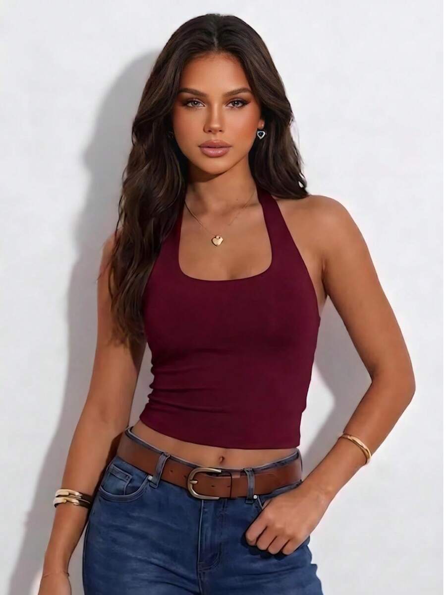 Women's Solid Color Halter Neck Top, Versatile Casual Everyday Wear For Daily Outings. - Burgundy - View 1