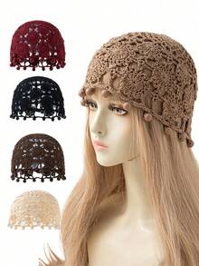 1pc Women's Fashion Pearl Pendant Hollow Flower Decor Hand-Knitted Hat, Suitable For Daily Wear - A - View 8