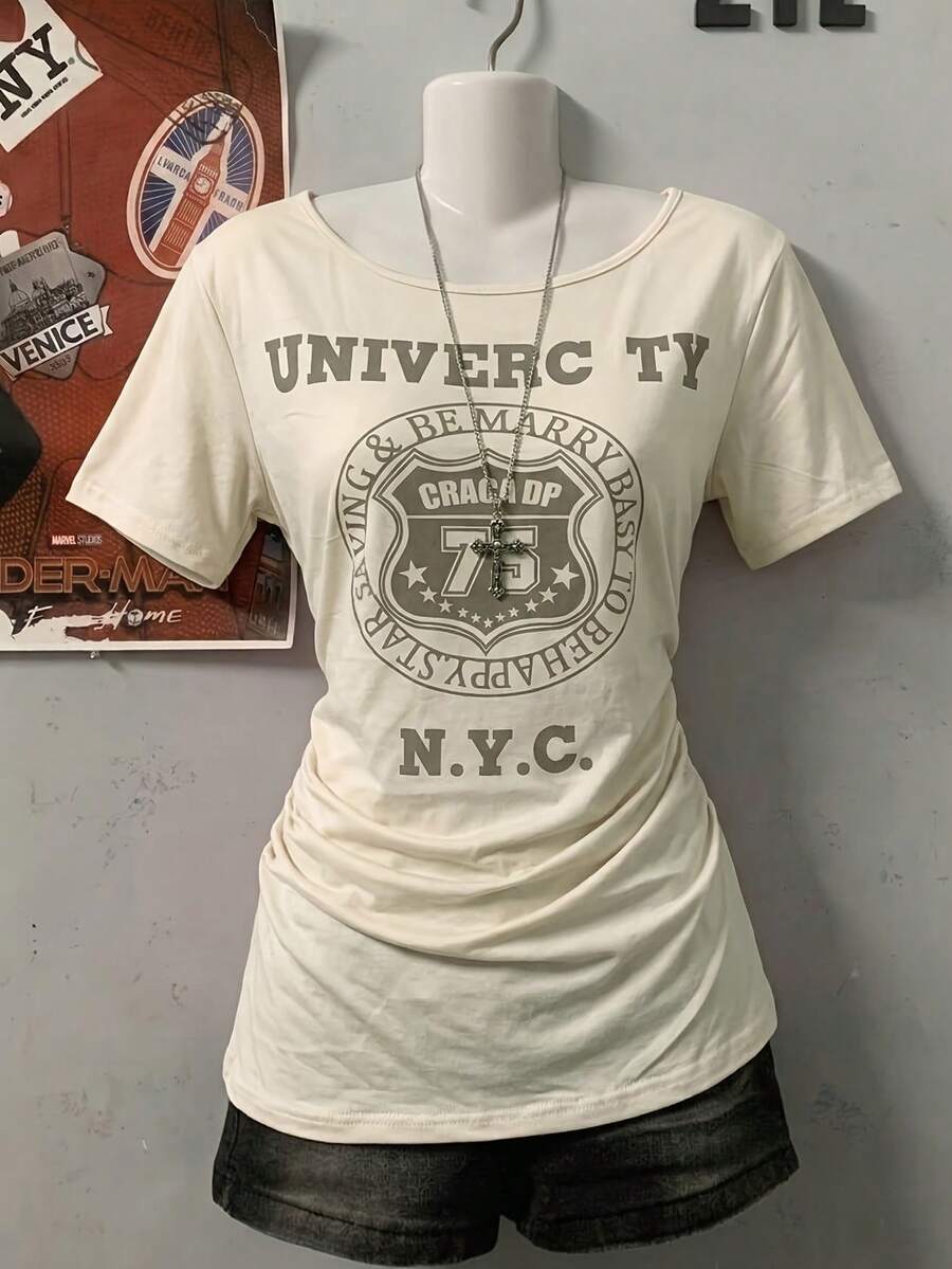 Spring/Summer Young Women's Y2K Style Comfortable & Fashionable Casual Loose Letter & Number Print Round Neck T-Shirt - Apricot - View 1