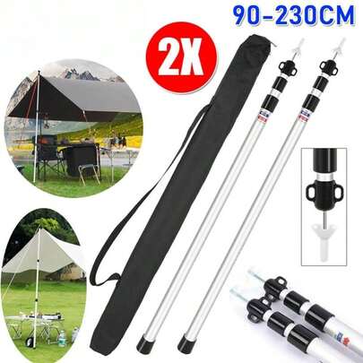 Two Telescopic Aluminum Alloy Tent Poles With Twist-Lock Mounting And Anti-Slip Pads; Adjustable Awning Support Poles From 90cm To 230cm; Lightweight And Portable Awning Support System Suitable For Camping, Travel, Beach Sunshade, Garden Shelters, And Other Outdoor Survival Gear.