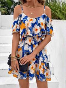 Vestido corto elegante de cuello en V con tirantes y hombros al descubierto para mujer, estampado floral, mangas con volantes dobles, cintura elástica y falda con volantes.Ideal para primavera-verano, vacaciones, fiestas y Pascua. - Multicolor 5 - Ver 4