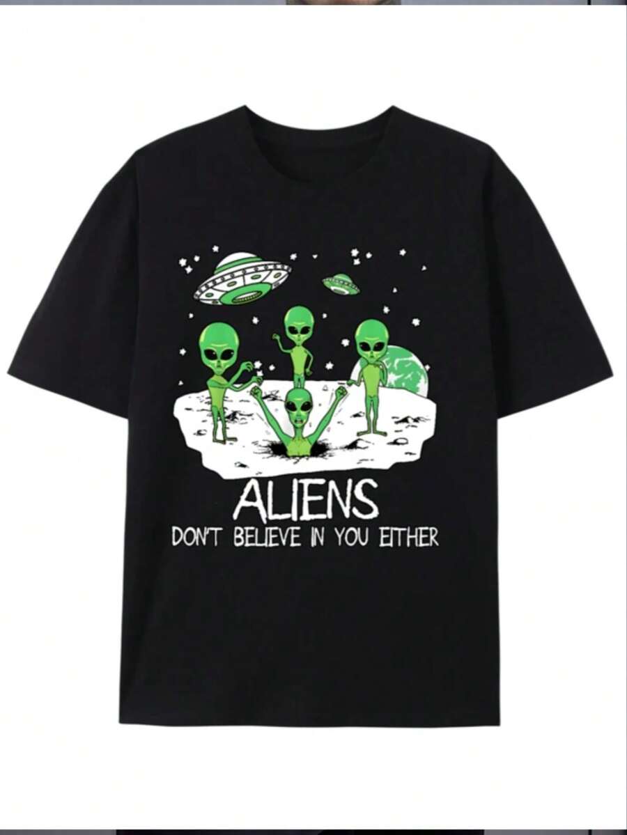 Men's "Aliens Don't Believe In You Either" Graphic Tee - 100% Cotton Casual T-Shirt With UFO & Alien Design, Black, Short Sleeve, Round Neck, Machine Washable - 黑色 - 查看 1