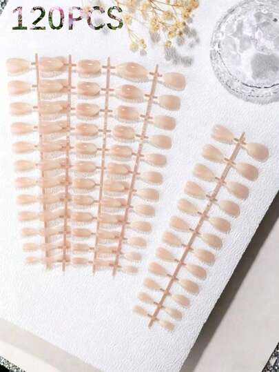 5pcs Set Milky White Ombre False Nails, Including Long Pointed, Short Almond, Short Oval, Short Square Shapes And More Styles