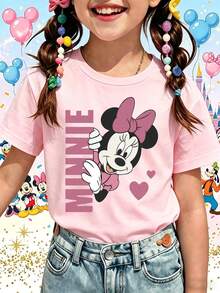 Disney Children's T-Shirt With A "Minnie Mouse Print "Cartoon Character Print. The Fabric Is Soft, Comfortable, And Durable. This Is A Versatile Round-Neck T-Shirt For Girls, Suitable For Spring, Summer, And Autumn. It's Perfect For Everyday Wear, Playtime, Summer Vacations, And Also Makes A Great Everyday Outfit Or Gift. - 粉色 - 查看 1