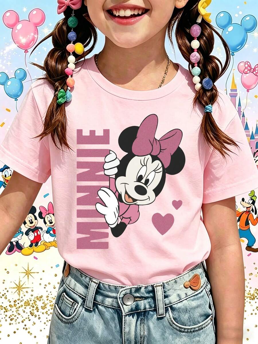 Disney Children's T-Shirt With A "Minnie Mouse Print "Cartoon Character Print. The Fabric Is Soft, Comfortable, And Durable. This Is A Versatile Round-Neck T-Shirt For Girls, Suitable For Spring, Summer, And Autumn. It's Perfect For Everyday Wear, Playtime, Summer Vacations, And Also Makes A Great Everyday Outfit Or Gift. - 粉色 - 查看 1