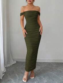 PRETTYGARDEN Women's Summer Dresses Off The Shoulder Dress Ruched Bodycon Sleeveless Evening Elegant Dresses Wedding Guest Graduation Cocktail Club Party Maxi Dresses - 軍綠色 - 查看 5