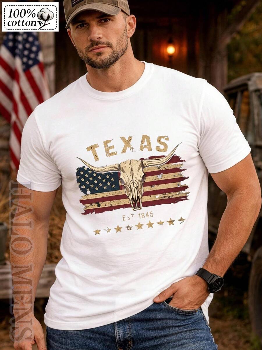 Men's 100% Cotton Texas Est 1845 Longhorn Skull Graphic Tee, Retro Western Texas Flag Cowboy Print T-Shirt, Vintage Texas Pride Lone Star State Short Sleeve Crew Neck Top, Soft Breathable Comfort Fit Streetwear, Texas Lover Cowboy Gift For Men, Daily Wear Western Aesthetic Cotton Tee - trắng - Xem 1