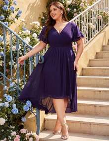 EVERPRETTY Plus Size Elegant Chiffon V-Neck Ruched Purple Bridesmaid Dress, Soft High-Low Ruffle Hem, Suitable For Wedding Ceremony And Formal Evening Events - Purple - View 1