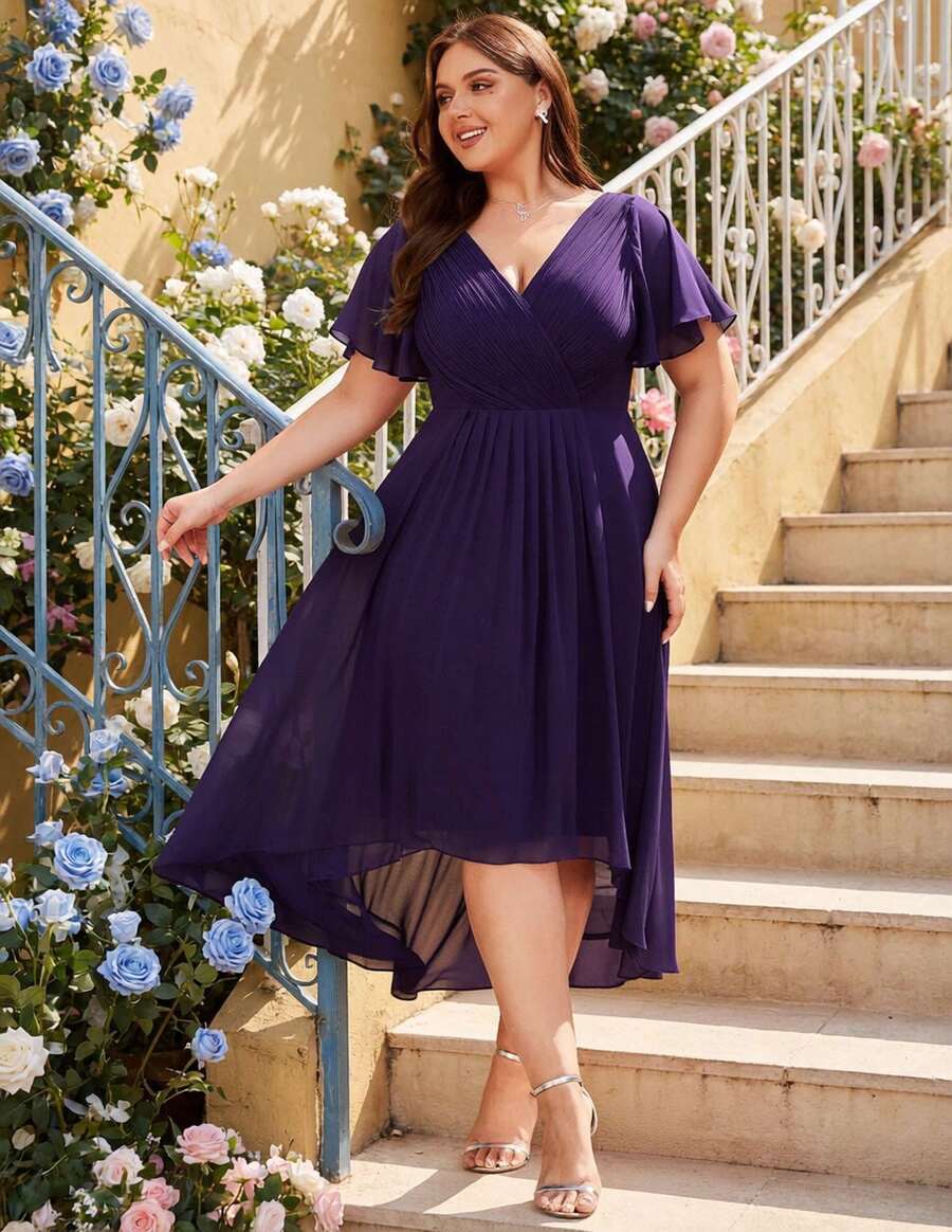 EVERPRETTY Plus Size Elegant Chiffon V-Neck Ruched Purple Bridesmaid Dress, Soft High-Low Ruffle Hem, Suitable For Wedding Ceremony And Formal Evening Events - Purple - View 1
