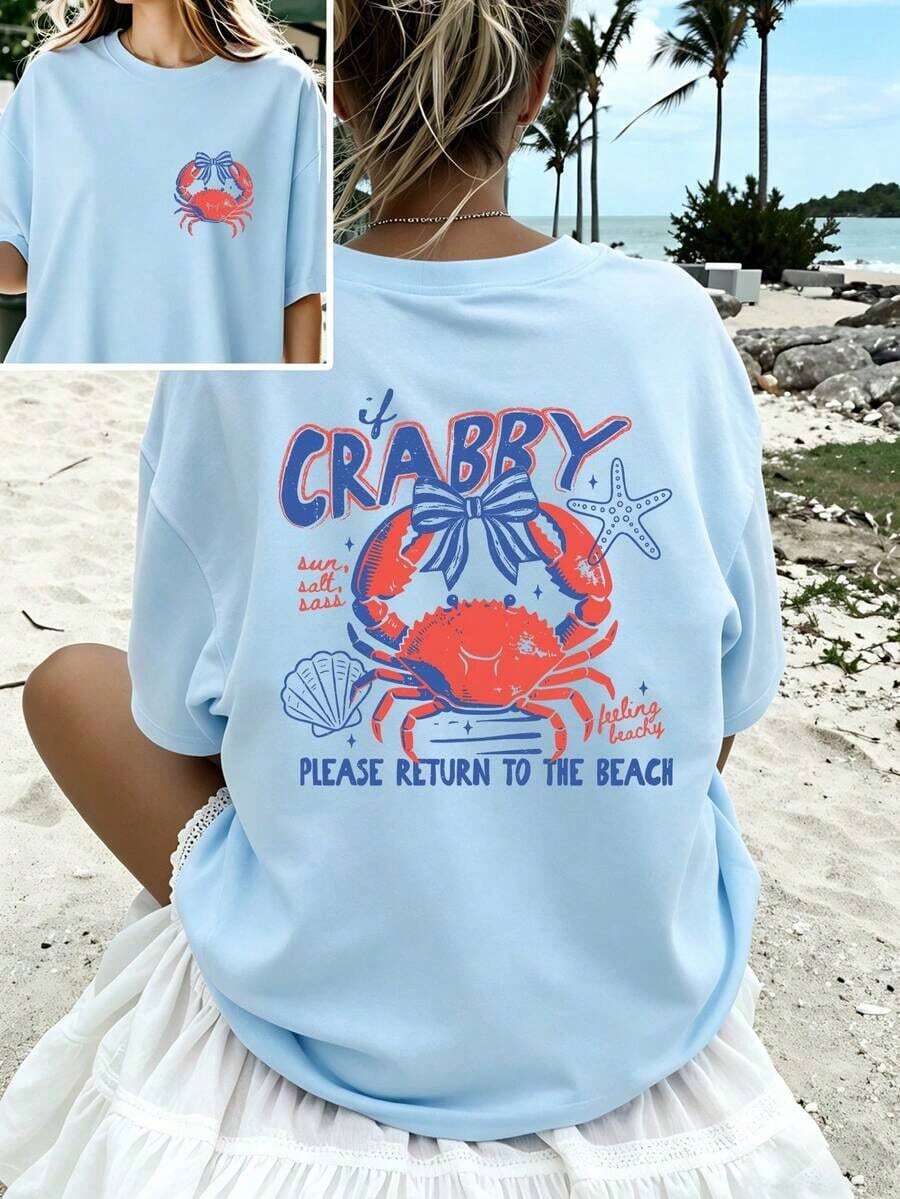 Women's If Crabby Please Return To The Beach Salty Graphic T-Shirt Double-Sided Print Oversized Casual Summer Tops Vacation Outfits Casual - 淺藍色 2 - 查看 1