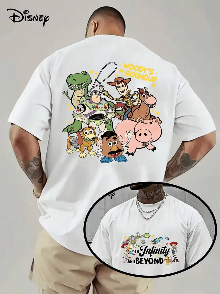 [Disney Licensed]Disney Toy Story Woody's Roundup Full Characters Graphic T-Shirt, Men's Oversized Front & Back Print Short Sleeve Tee, Retro Toy Story Themed Streetwear Top For Summer Daily Wear, Back To School, Toy Story Fans Gift, Casual Outings & Teen Fashion, Disney Officially Authorized Men's Short-Sleeved T-Shirts, Mens Clothes, Men, Ropa De Hombre, Summer Clothes, Men Shirts, Graphic Tees, Disney Outfits Men, Graphic Tees, Camisetas Para Hombre, Camisas Para Hombre, Summer Outfits For Men, Father's Day Gift, Perfect Gift For Family And Friends, Which Are Necessary For Birthday Parties, Disney Shirts, Mens Clothes, Summer Clothes, Officially Licensed Disney T-Shirts, Disney Men's And Women's Spring/Summer Fashion Casual Short-Sleeve T-Shirts - White - View 1