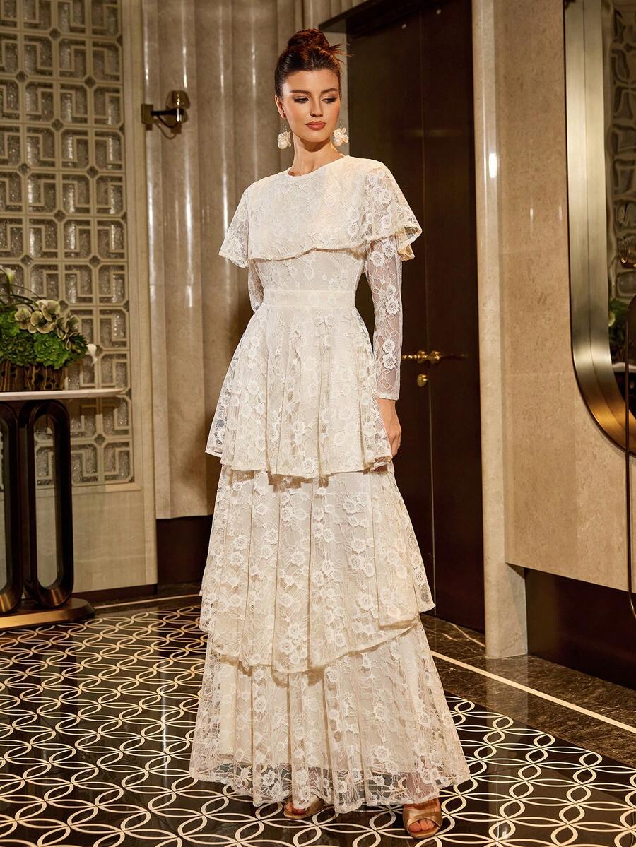 Women's New Elegant Round Neck Lace Cake Layered Patchwork Design Fashionable Luxury Waist Slimming Flared Dress, Shiny, Elegant, Casual, Ruffled Hem/Button Closure, Suitable For Wedding Spring - Apricot - View 1
