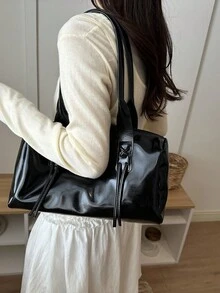 New Luxury High-End Versatile Solid Color Large Capacity PU Leather Handbag, Suitable For Travel, Shopping, Commuting - Black - View 5