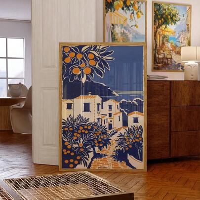 1pc Frameless Mediterranean Village Poster, Coastal Wall Art Citrus Grove Landscape Greek Island Travel Print, Sunlit Artwork For Dorm Room Decor Best Gift, Back To School, Room Decor Bedroom, Funkyposters