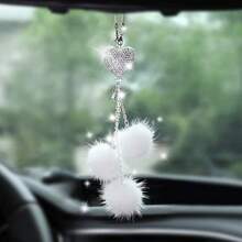 1pc Cute Heart Plush Ball Car Hanging Ornament, Fluffy Rearview Mirror Decor, New Car Gift For Women - Heart-shaped Pom-pom - View 2