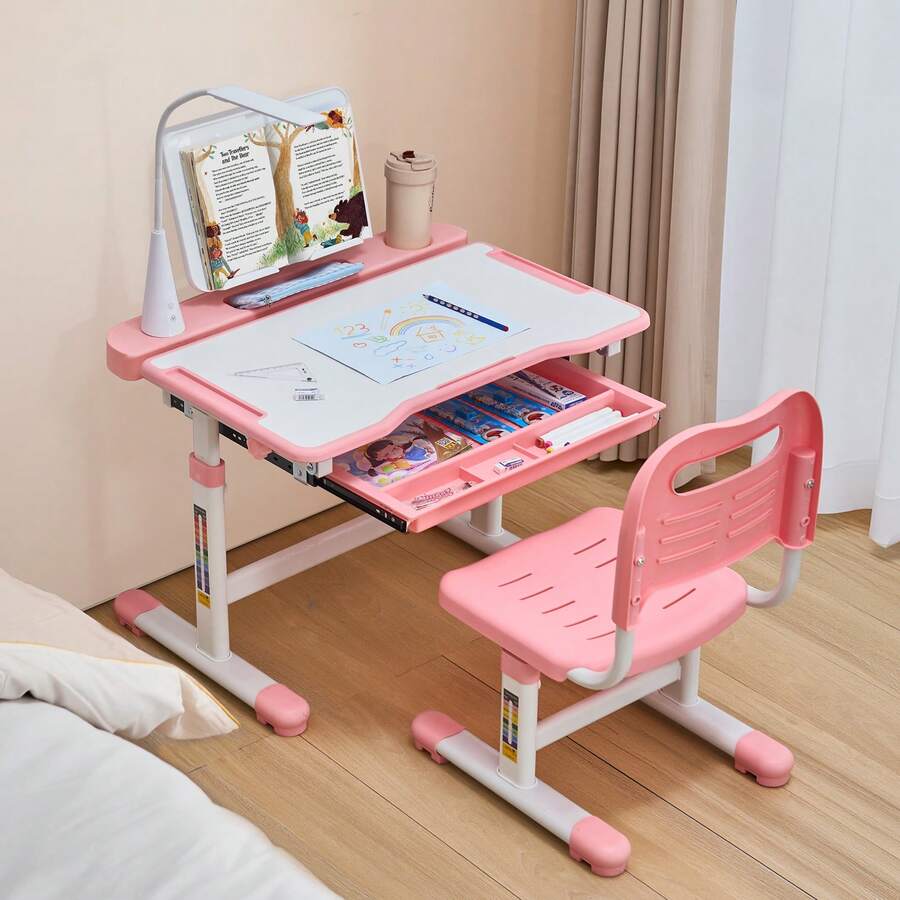 Kids Study Chair And Desk Set, Study Desk And Chair For Kids With Table Lamp, Adjustable Height & 0-40° Tilted Desktop Kids Desk And Chair, Children Study Table For Bedroom & Study Room, Pink - 20.5-30.3 Inch Pink - View 1