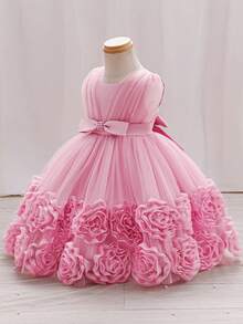 女婴公主裙，3D立体花朵，蓬蓬薄纱，无袖，珠绣，适合洗礼/婚礼/毕业典礼穿着 - 粉色 - 查看 3