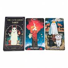22pcs Cute Ghost Tarot Card Set, Includes Beans And Cats, Japanese Style Cute Ghost Divination Cards, Fun Divination Game Suitable For Beginners, Meditation And Gift - Black - View 4
