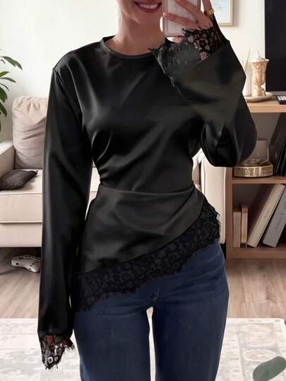 New Lace Patchwork Long Sleeve T-Shirt, Suitable For Dates, Vacations, And Everyday Wear In Spring/Summer Black