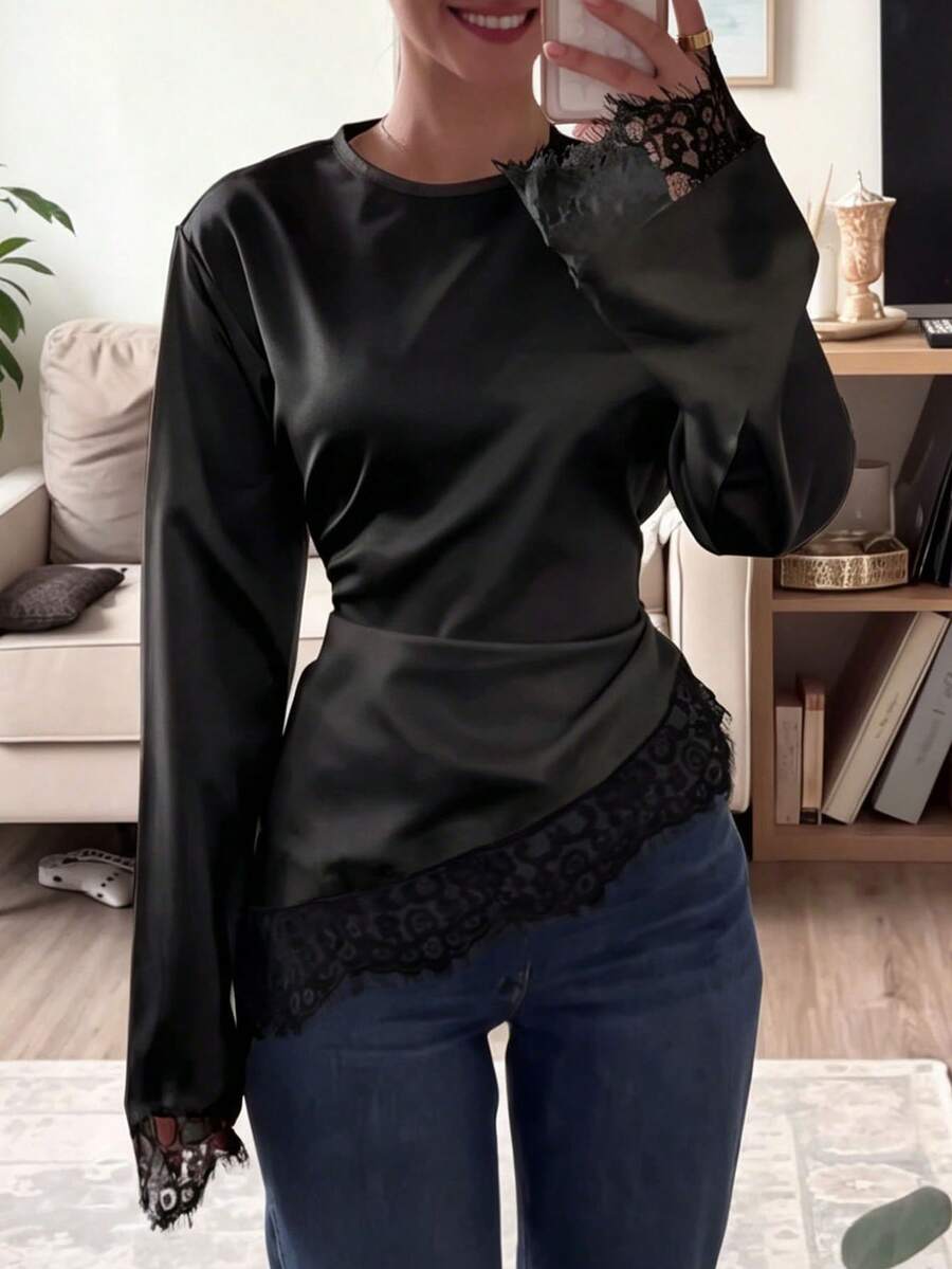 Nueva camiseta de manga larga con parches de encaje, adecuada para citas, vacaciones y uso diario en primavera/verano, color negro - Negro - Ver 1