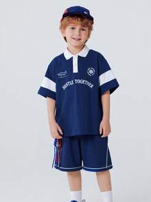 mini bala 吸湿排汗男童两件套T恤短裤套装，速干透气，适合2026夏季休闲户外玩耍。 - 藍色調 - 查看 3